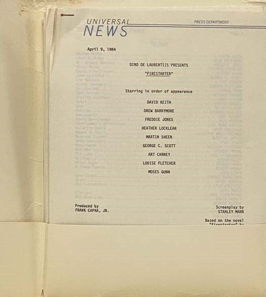 Firestarter 1984 Press Information Kit Stephen King Dino De Laurentiis Drew Barrymore Frank Capra Heather Locklear Martin Sheen George C. Scott