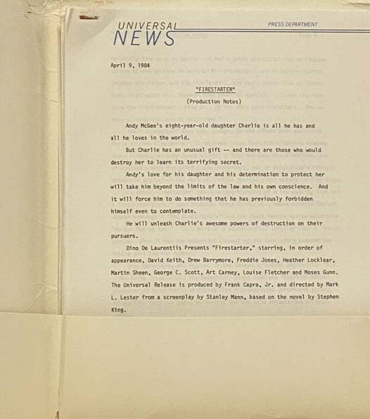 Firestarter 1984 Press Information Kit Stephen King Dino De Laurentiis Drew Barrymore Frank Capra Heather Locklear Martin Sheen George C. Scott