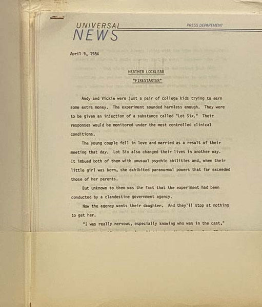 Firestarter 1984 Press Information Kit Stephen King Dino De Laurentiis Drew Barrymore Frank Capra Heather Locklear Martin Sheen George C. Scott