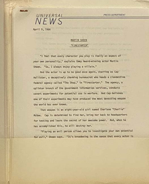 Firestarter 1984 Press Information Kit Stephen King Dino De Laurentiis Drew Barrymore Frank Capra Heather Locklear Martin Sheen George C. Scott