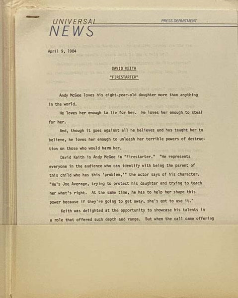 Firestarter 1984 Press Information Kit Stephen King Dino De Laurentiis Drew Barrymore Frank Capra Heather Locklear Martin Sheen George C. Scott