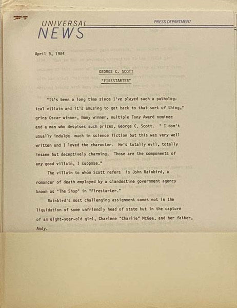 Firestarter 1984 Press Information Kit Stephen King Dino De Laurentiis Drew Barrymore Frank Capra Heather Locklear Martin Sheen George C. Scott