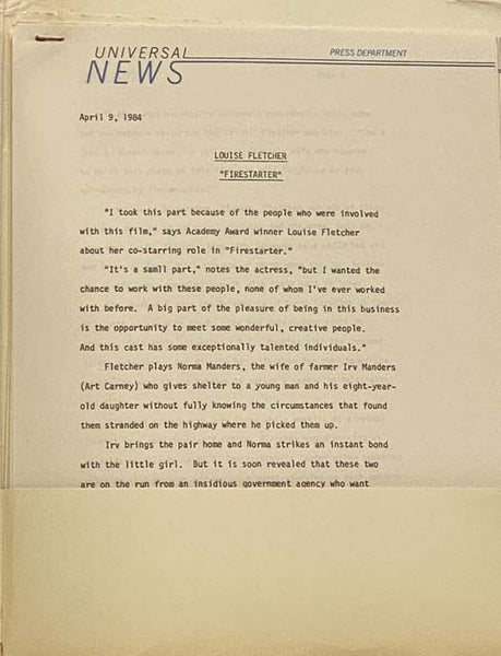 Firestarter 1984 Press Information Kit Stephen King Dino De Laurentiis Drew Barrymore Frank Capra Heather Locklear Martin Sheen George C. Scott