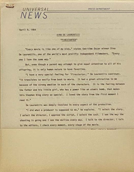 Firestarter 1984 Press Information Kit Stephen King Dino De Laurentiis Drew Barrymore Frank Capra Heather Locklear Martin Sheen George C. Scott