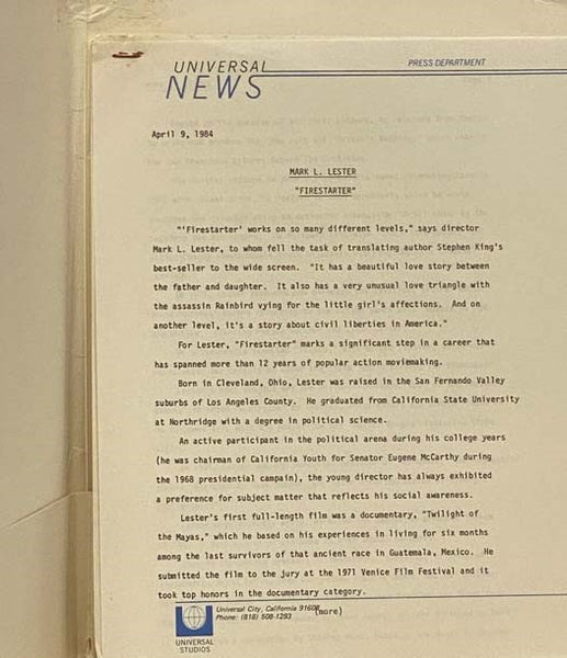 Firestarter 1984 Press Information Kit Stephen King Dino De Laurentiis Drew Barrymore Frank Capra Heather Locklear Martin Sheen George C. Scott