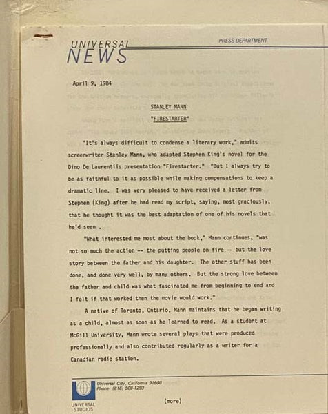 Firestarter 1984 Press Information Kit Stephen King Dino De Laurentiis Drew Barrymore Frank Capra Heather Locklear Martin Sheen George C. Scott