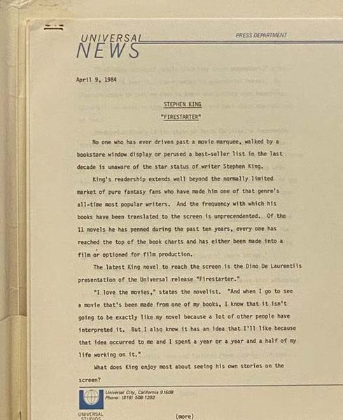 Firestarter 1984 Press Information Kit Stephen King Dino De Laurentiis Drew Barrymore Frank Capra Heather Locklear Martin Sheen George C. Scott