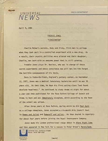 Firestarter 1984 Press Information Kit Stephen King Dino De Laurentiis Drew Barrymore Frank Capra Heather Locklear Martin Sheen George C. Scott