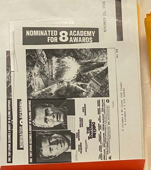 The Towering Inferno 1974 Film Press Kit Movie Publicity Steve McQueen Paul Newman William Holden Faye Dunaway Fred Astaire O.J. Simpson Robert Vaughan Wagener John Williams