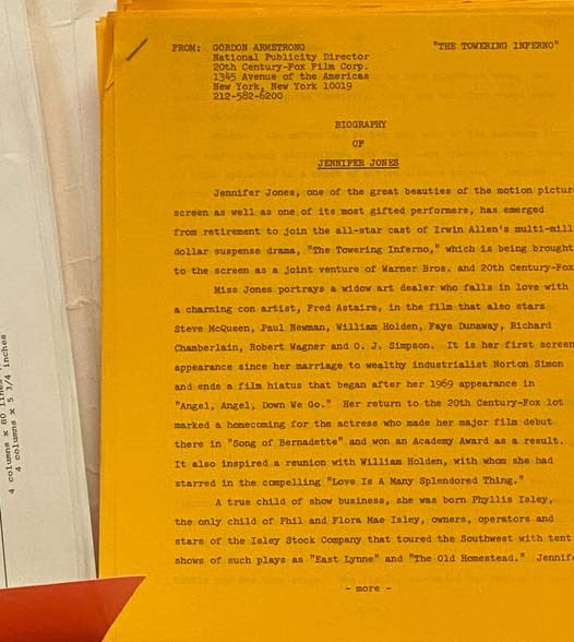The Towering Inferno 1974 Film Press Kit Movie Publicity Steve McQueen Paul Newman William Holden Faye Dunaway Fred Astaire O.J. Simpson Robert Vaughan Wagener John Williams