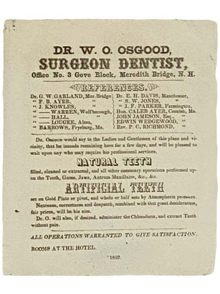 Broadside Advertisement: Dr. W.O. Osgood, Surgeon Dentist, Office No. 3 Gove Block, Meredith Bridge, N.H.