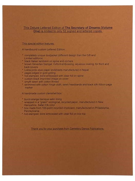 The Secretary of Dreams, Volume One [1]: Deluxe Lettered Edition, Signed Publisher's Copy