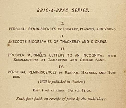 Prosper Merimee's Letters to an Incognita, with Recollections by Lamartine and George Sand (The Bric-A-Brac Series, Volume III [3])