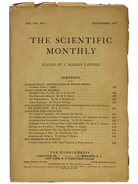 The Scientific Monthly, September, 1925, Vol. XXI, No. 3