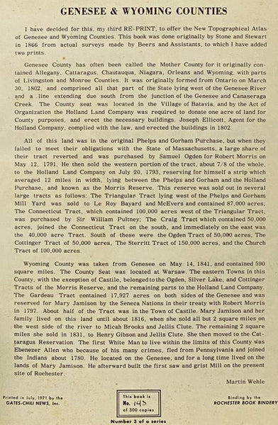 New Topographical Atlas of Genesee and Wyoming Counties [County], New York. From Actual Surveys by S.N. & D.G. Beers and Assistants. (Number 3 of a Series)