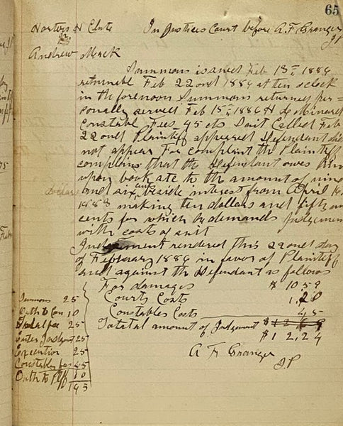 Granger, New York Courthouse Ledger, March 1882 - March 1886